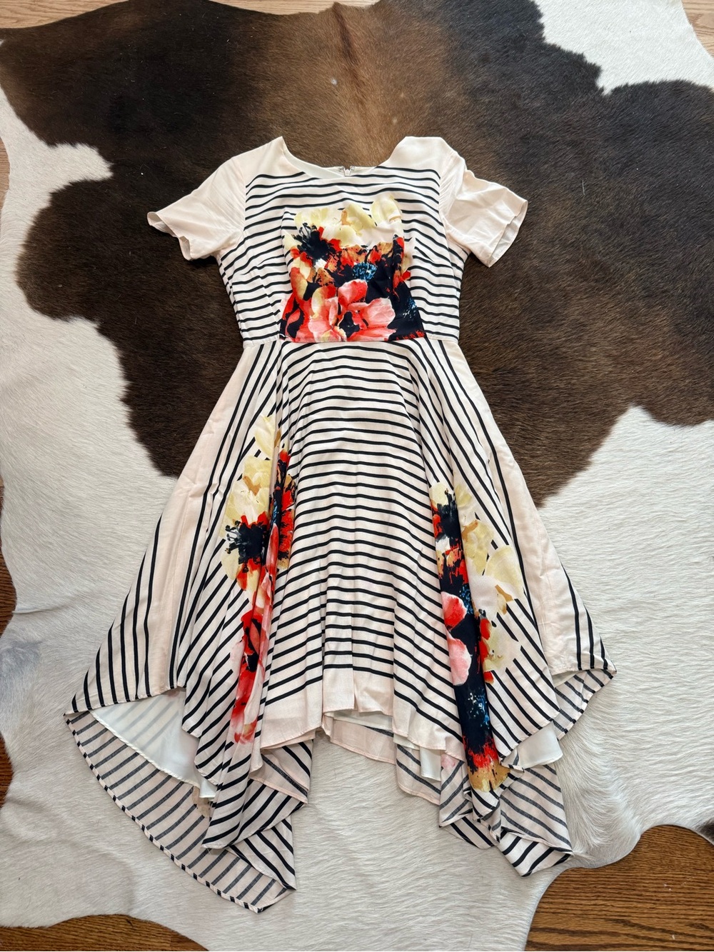 Corey Lynn Calter White Navy Striped Dress with Floral Panels